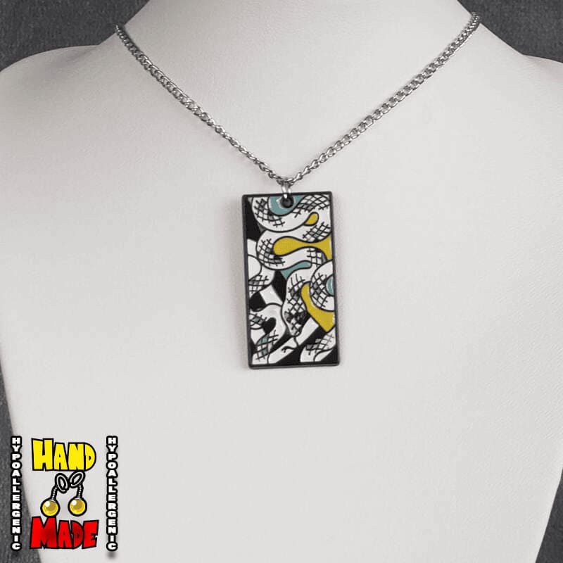 Metal Snakes Hanafuda Anime Necklace displayed on a white flat stand, featuring a sleek silver chain and a detailed snake-themed metal charm.