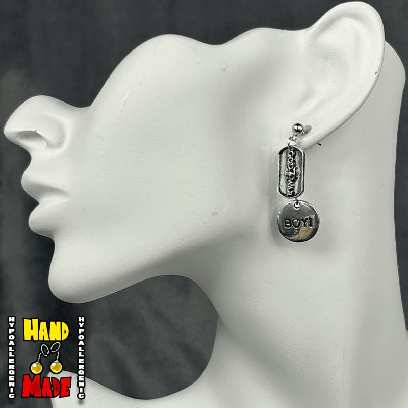 Handmade Spartan Warrior Dog Tag Gaming Earrings featuring metal dog tag charms with silver dropped posts.
