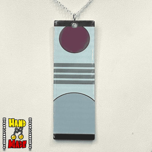 Acrylic Triple Stripe Rising Sun Hanafuda Anime Necklace displayed on a white stand, featuring a striped charm on a sterling silver snake chain.