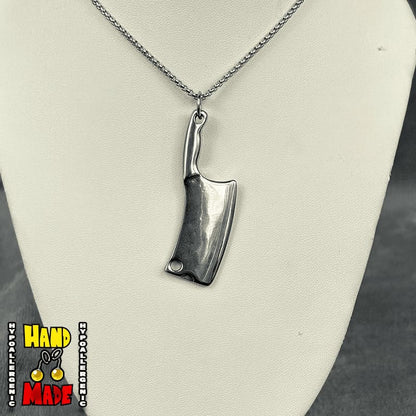 Handmade Hatchet Anime Necklace featuring silver metal hatchet charm on a silver chain necklace.