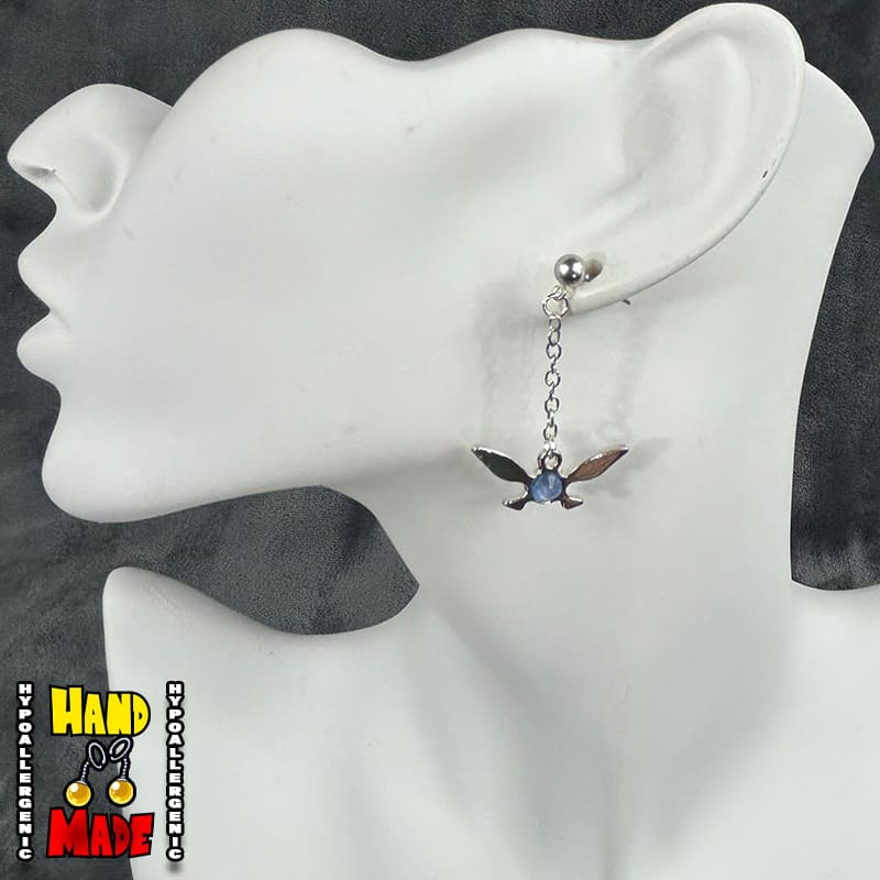 Handmade Jeweled Fairy Gaming Earrings featuring jewel toned metal fairy charms with sterling silver dropped posts.