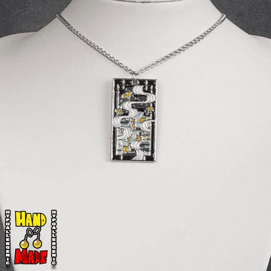 Metal Rivers Hanafuda Anime Necklace shown on a white flat stand with a detailed river motif charm and a silver chain.